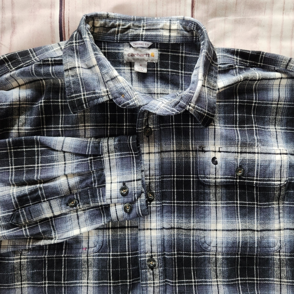 Carhartt "Hubbard Plaid Shirt" Original Fit Flannel Blue Black White, Men's XL - Picture 2 of 10